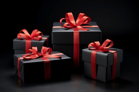 A black Friday Sale concept with black present boxes with red ribbons on a black background, AI