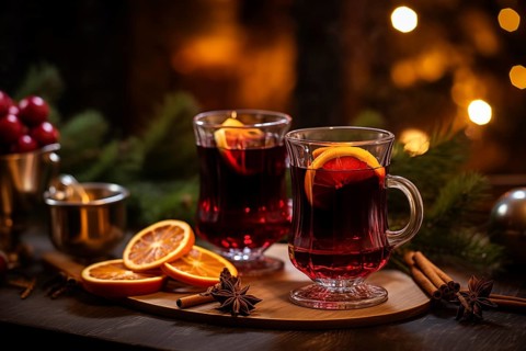 Two glasses of traditional mulled wine with orange and cranberry garnishes on a cozy Christmas