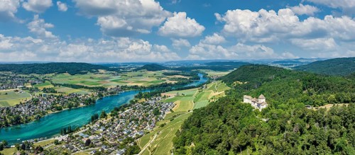 Aerial panorama of Hohenklingen Castle near Stein am Rhein, Canton Schaffhausen, Switzerland,