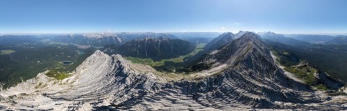 Alpine panorama, aerial view, Westliche Wettersteinspitze, Wetterstein Mountains, Bavaria, Germany,