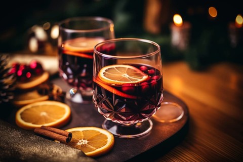 Two glasses of traditional mulled wine with orange and cranberry garnishes on a cozy Christmas