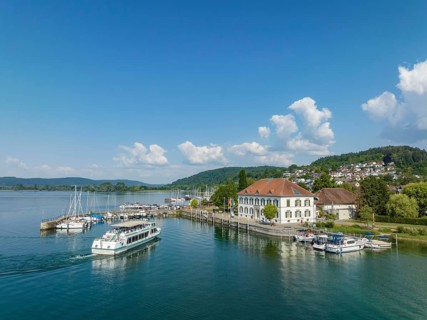 Aerial view of Lake Constance with the municipality of Bodman-Ludwigshafen with the marina and old