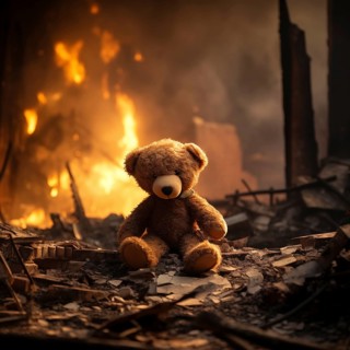 War children tragedy concept, sad teddy bear left in ruins of house destroyed at war, AI generated
