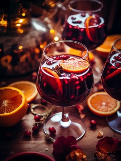 Glass of traditional mulled wine with orange and cranberry garnishes on a cozy Christmas table. The