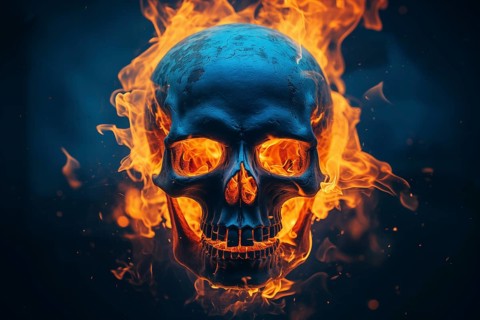 Spooky and scary burning skull on a dark blue background. Perfect for Halloween or horror-themed