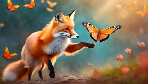 A red fox playfully chases a butterfly, AI generated