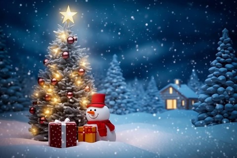 Peaceful and serene Christmas scene with a decorated Christmas tree with gifts presents and a cute