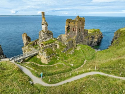 Aerial view of Girnigoe and Sinclair Castle ruins, rock castle on the North Sea coast, Wick, County