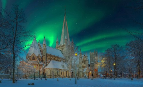 Winter Snow Night Northern Lights Cathedral Nidaros Trondheim Norway