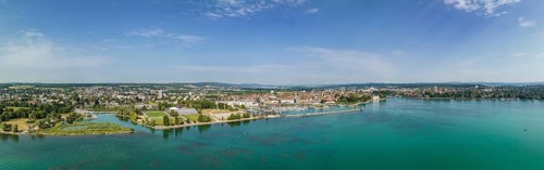 Aerial panorama of the city of Kreuzlingen in Switzerland with the Seeburgpark and Constance in
