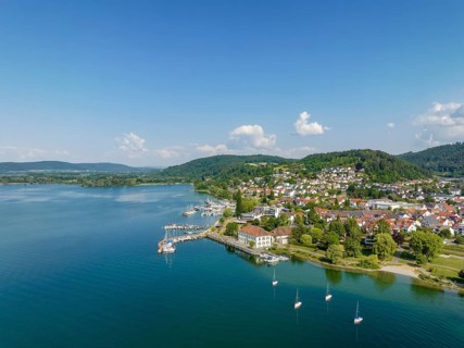 Aerial view of Lake Constance with the municipality of Bodman-Ludwigshafen with the marina and old