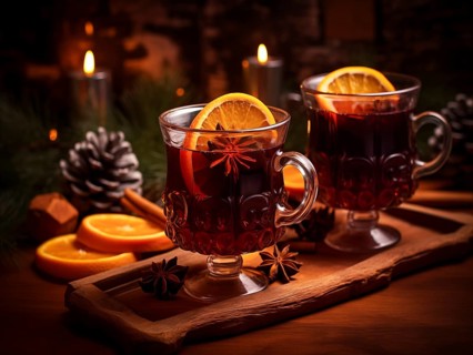 Two glasses of traditional mulled wine with orange and cranberry garnishes on a cozy Christmas
