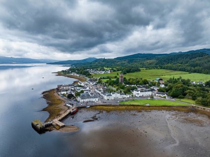 Aerial view of the village of Inveraray on Loch Fyne, a 65 kilometre long fjord, Argyll and Bute,