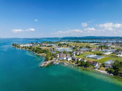 Aerial panorama of the western part of the island of Reichenau with the landing stage, on the