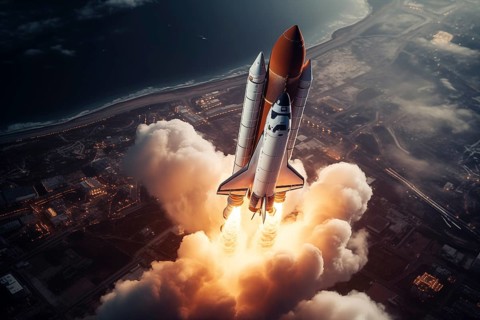 Aerial view of a rocket shuttle carrier launch at sunrise over an ocean coast. The rocket is