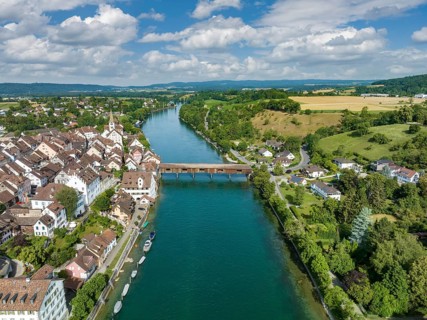 Aerial view of Diessenhofen with the historic wooden bridge over the Rhine, Canton Thurgau,