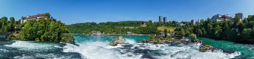 Aerial panorama of the Rhine Falls, Schloss Laufen on the left, Neuhausen, Canton Schaffhausen,
