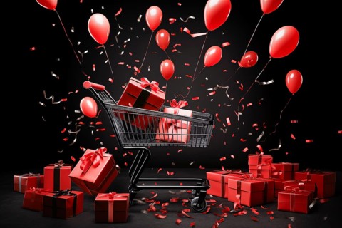 A black Friday Sale concept, black present boxes with red ribbons in shopping cart on a black