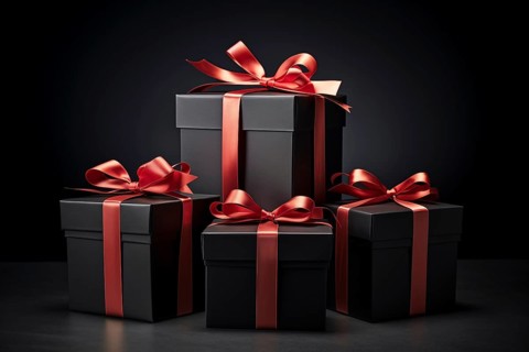 A black Friday Sale concept with black present boxes with red ribbons on a black background, AI