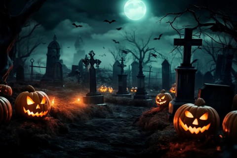 Halloween concept, spooky graveyard at night under full moon with Halloween jack-o-lantern pumpkins