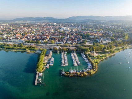Aerial view of the town of Radolfzell on Lake Constance with the WÃ¤schbruck harbour, harbour pier