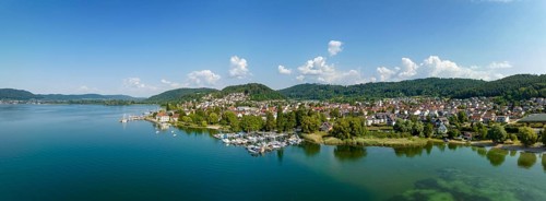 Aerial panorama of Lake Constance with the municipality of Bodman-Ludwigshafen with the marina and