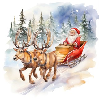 A watercolor drawing illustration of Santa Claus sleigh ride with reindeer, in the style of