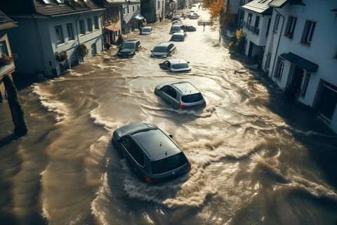Climate change disaster flood catastrophe concept background, cars in flooded street of European