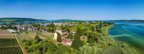 Aerial panorama of Reichenau Island with St. George's Church, Oberzell, Reichenau, UNESCO World