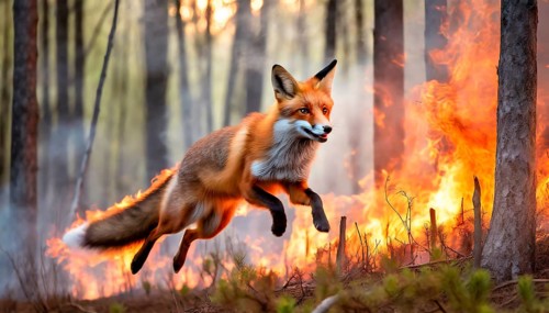Climate change, global warming, environmental catastrophe, a red fox flees from a forest fire in