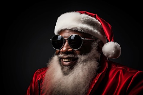 Modern black Santa Claus in Santa hat with sunglasses and long white beard, smiling while looking