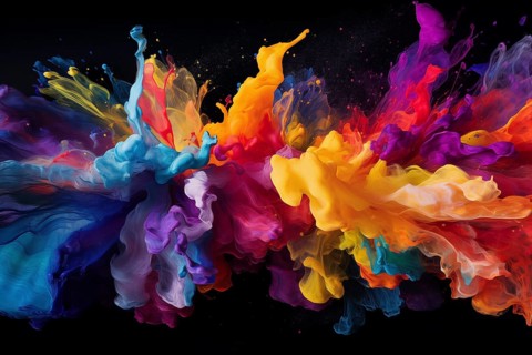 Abstract background of vibrant colorful paint splashes on black background, AI generated