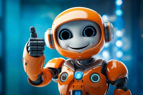Orange robot showing a thumbs up gesture. The friendly robot has big round eyes and a friendly