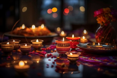Diwali indian festival of lights background, burning diya lamps on a decorated table close up, AI