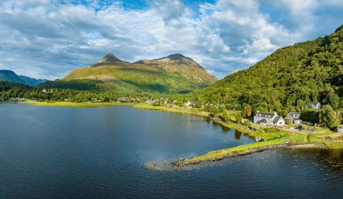 Aerial panorama of the freshwater loch Loch Leven with the former Pier House in the village of Glen