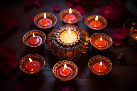 Diwali indian festival of lights background, burning diya lamps on a decorated table close up, AI