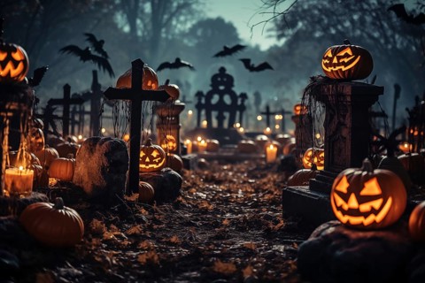 Halloween concept, spooky graveyard at night under full moon with Halloween jack-o-lantern pumpkins