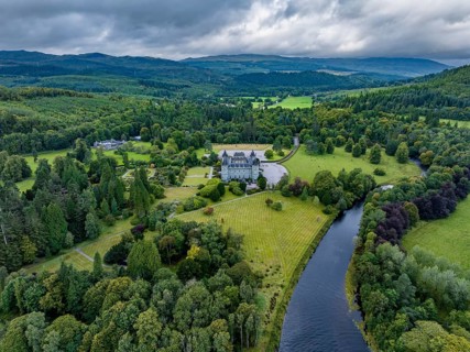 Aerial view of Inveraray Castle seen from the south with the River Aray, Argyll and Bute, Scotland,