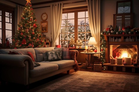 A cozy interior living room with burning fireplace decorated for Christmas with a Christmas tree.