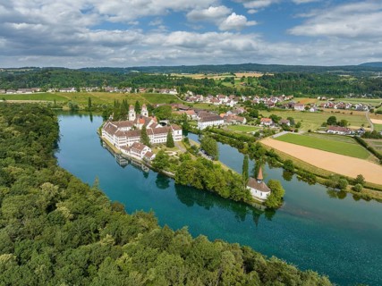 Aerial view of the former Benedictine abbey with the monastery church of St. Mary and the pointed