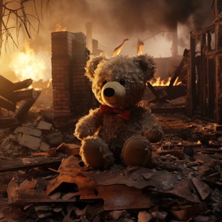 A poignant concept image depicting the tragic impact of war on children. A sad teddy bear toy sits