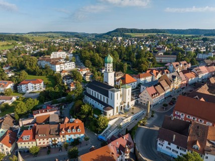 Aerial view of the town of Stockach with the church of St. Oswald in the upper town, historic town