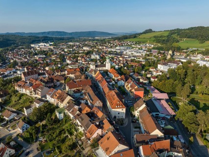 Aerial view of the town of Stockach with the church of St. Oswald in the upper town, historic town