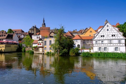 Left arm of the Regnitz, with mill bridge, and Eckert's inn, Bamberg, Upper Franconia, Bavaria,