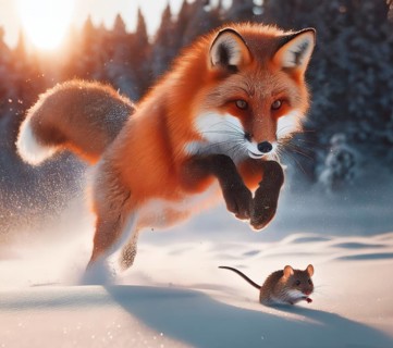 A red fox in winter fur jumping in pursuit of a mouse in the snow in a winter landscape, AI