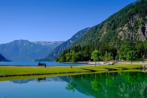 Achensee with bathing pond, near Achenkirch, Achensee, Tyrol, Austria, Europe