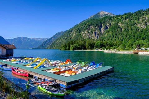 Bathing beach with boat hire, near Achenkirch, Achensee, Tyrol, Austria, Europe