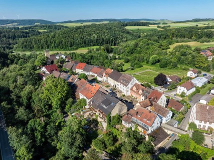 Aerial view of the old town centre of Tengen with the ruins of the Hinterburg tower, Hegau,