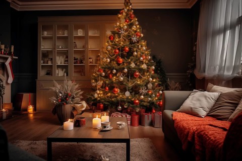 A cozy interior living room decorated for Christmas with a Christmas tree with presents gift boxes.