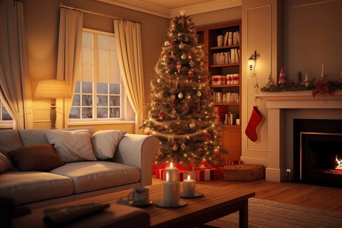 A cozy interior living room with burning fireplace decorated for Christmas with a Christmas tree
